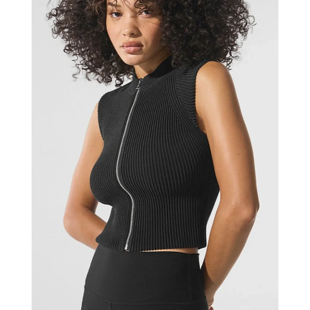 Alo Denim Knit Sleeveless Full Zip Top Black Anthracite Zipper Sweater Knit Tank